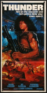 7j859 THUNDER Aust daybill 1983 wild different art of Mark Gregory with huge gun over giant battle!