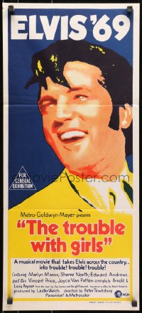 7j884 TROUBLE WITH GIRLS Aust daybill 1969 great gigantic close up art of smiling Elvis Presley!
