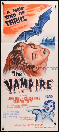 7j911 VAMPIRE Aust daybill 1957 John Beal, it claws, it drains blood, cool art of monster & victim!