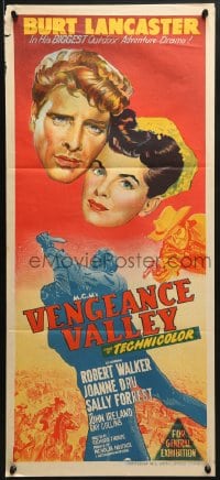 7j914 VENGEANCE VALLEY Aust daybill 1951 close-up art of Burt Lancaster & Joanne Dru over fight!