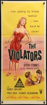 7j915 VIOLATORS Aust daybill 1957 art of sexy bad girl teenager on parole, too hard to care!