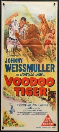 7j919 VOODOO TIGER Aust daybill 1952 great art of Johnny Weissmuller as Jungle Jim vs big cats!