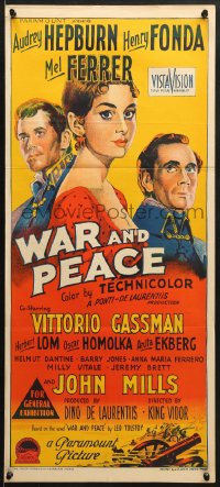 7j927 WAR & PEACE Aust daybill 1957 Richardson Studio art of Hepburn, Fonda & Ferrer, Tolstoy epic!