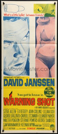 7j931 WARNING SHOT Aust daybill 1966 David Janssen, Joan Collins, sexy girls, who's got the gun?
