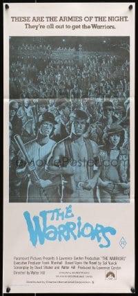7j932 WARRIORS Aust daybill R1980s Walter Hill, Jarvis artwork of the armies of the night!
