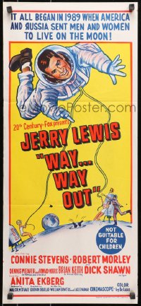 7j934 WAY WAY OUT Aust daybill 1966 art of astronaut Jerry Lewis sent to live on the moon in 1989!
