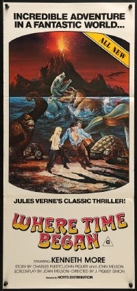 7j941 WHERE TIME BEGAN Aust daybill 1980 Jules Verne, Campanil art of stars & gigantic dinosaurs!