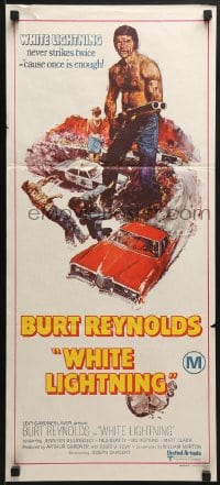 7j945 WHITE LIGHTNING Aust daybill 1973 cool art of moonshine bootlegger Burt Reynolds!