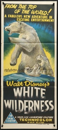 7j947 WHITE WILDERNESS Aust daybill 1958 Disney, art of polar bear & arctic animals on top of world