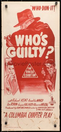 7j948 WHO'S GUILTY Aust daybill R1950s cool crime montage art, Columbia who-dun-it mystery serial!