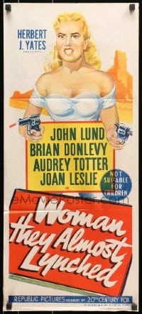 7j962 WOMAN THEY ALMOST LYNCHED Aust daybill 1953 art of sexy female gunfighter Audrey Totter!