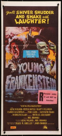 7j983 YOUNG FRANKENSTEIN Aust daybill 1975 Mel Brooks, art of Gene Wilder, Boyle & Feldman!