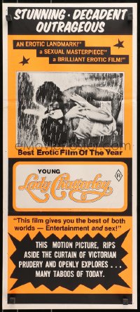 7j984 YOUNG LADY CHATTERLEY Aust daybill 1977 Harlee McBride, Peter Ratray, romantic image in the rain!