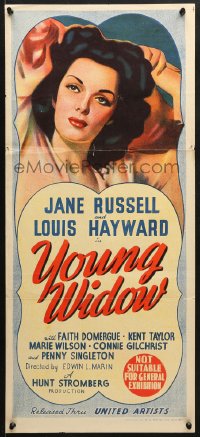 7j985 YOUNG WIDOW Aust daybill 1946 art of world's most exciting sexy brunette Jane Russell!