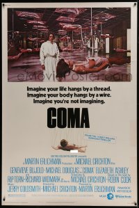 7k262 COMA 40x60 1977 Genevieve Bujold finds room full of coma patients in special harnesses!