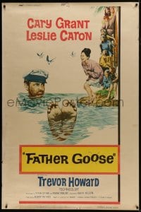 7k292 FATHER GOOSE style Y 40x60 1965 art of sea captain Cary Grant yelling at pretty Leslie Caron!