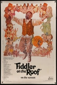 7k294 FIDDLER ON THE ROOF 40x60 1971 cool artwork of Topol & cast by Ted CoConis, black title!