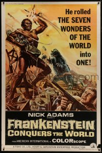 7k299 FRANKENSTEIN CONQUERS THE WORLD 40x60 1966 Toho, art of monsters terrorizing by Reynold Brown!