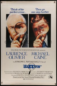 7k391 SLEUTH 40x60 1972 close-ups of Laurence Olivier & Michael Caine with magnifying glasses!