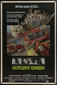 7k392 SOYLENT GREEN 40x60 1973 art of Charlton Heston trying to escape riot control by John Solie!