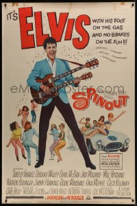 7k394 SPINOUT 40x60 1966 Elvis playing double-necked guitar, foot on the gas & no brakes on the fun