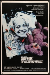 7k397 SUGARLAND EXPRESS 40x60 1974 Steven Spielberg, photo of Goldie Hawn under gun, teddy bear!