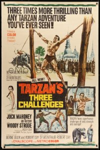 7k402 TARZAN'S THREE CHALLENGES 40x60 1963 Edgar Rice Burroughs, artwork of bound Jock Mahoney!