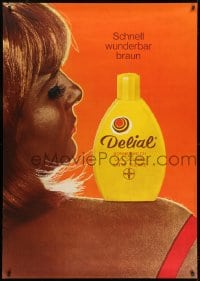7k206 DELIAL 36x51 Swiss advertising poster 1969 lotion on sexy tanned woman, cool close-up!