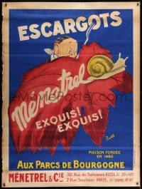 7k196 ESCARGOTS MENETREL 47x63 French advertising poster 1930s art of snail hunted by man w/fork!