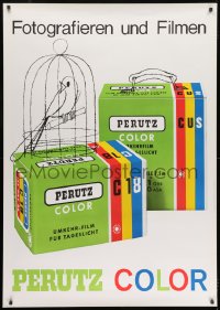 7k216 PERUTZ COLOR 36x51 Swiss advertising poster 1966 art of a bird in a cage next to film!
