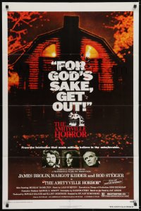 7p019 AMITYVILLE HORROR 1sh 1979 great image of haunted house, for God's sake get out!