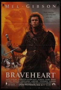 7p062 BRAVEHEART advance DS 1sh 1995 cool image of Mel Gibson as William Wallace!