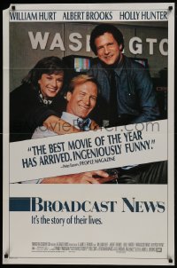 7p068 BROADCAST NEWS 1sh 1987 great image of news team William Hurt, Holly Hunter & Albert Brooks!