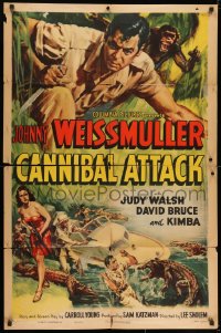 7p090 CANNIBAL ATTACK 1sh 1954 cool art of Johnny Weissmuller w/knife, fighting alligators!