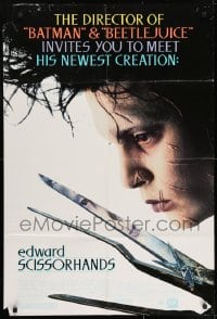 7p231 EDWARD SCISSORHANDS DS 1sh 1990 Tim Burton classic, close up of scarred Johnny Depp!