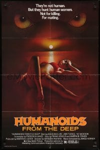 7p380 HUMANOIDS FROM THE DEEP 1sh 1980 classic sexy art of eyes looming over sexy girl on beach!