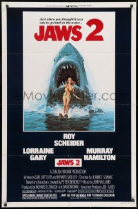 7p414 JAWS 2 1sh 1978 great classic art of giant shark attacking girl on water skis by Lou Feck!