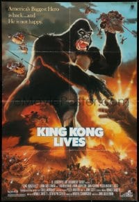 7p431 KING KONG LIVES 1sh 1986 great artwork of huge unhappy ape attacked by army!