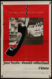 7p437 KLUTE 1sh 1971 Donald Sutherland & Jane Fonda, dangling telephone art!