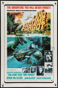 7p441 LAND THAT TIME FORGOT 1sh 1975 Edgar Rice Burroughs, cool George Akimoto dinosaur art!