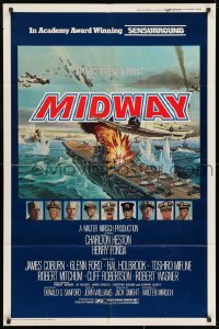 7p516 MIDWAY studio style 1sh 1976 Charlton Heston, Henry Fonda, dramatic naval battle art!