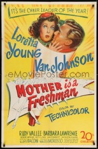 7p531 MOTHER IS A FRESHMAN 1sh 1949 art of Loretta Young & Van Johnson, the cheer leader of the year
