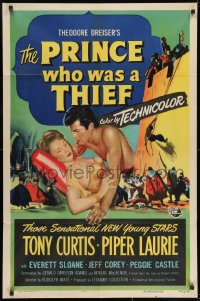 7p643 PRINCE WHO WAS A THIEF 1sh 1951 romantic art of Tony Curtis & pretty Piper Laurie!