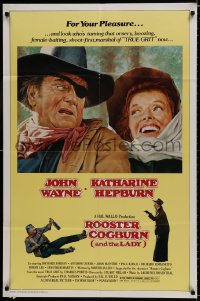 7p717 ROOSTER COGBURN 1sh 1975 great art of John Wayne & Katharine Hepburn!