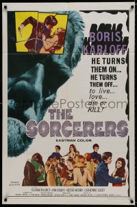 7p805 SORCERERS 1sh 1967 Boris Karloff turns them on & off to live, love, die or KILL!