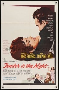 7p880 TENDER IS THE NIGHT 1sh 1961 romantic c/u of Jennifer Jones & Jason Robards Jr. in Paris!