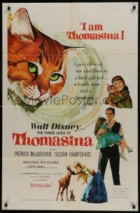 7p894 THREE LIVES OF THOMASINA 1sh 1964 Walt Disney, great art of winking & smiling cat!
