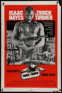 7p923 TRUCK TURNER 1sh 1974 AIP, great classic image of Isaac Hayes with gun over the city!