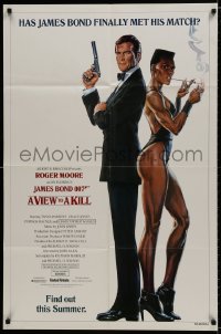 7p946 VIEW TO A KILL advance 1sh 1985 art of Roger Moore & Jones by Goozee over white background!