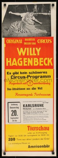 7r853 ORIGINAL CIRCUS WILLY HAGENBECK 12x34 German circus poster 1960s face in tiger's mouth!